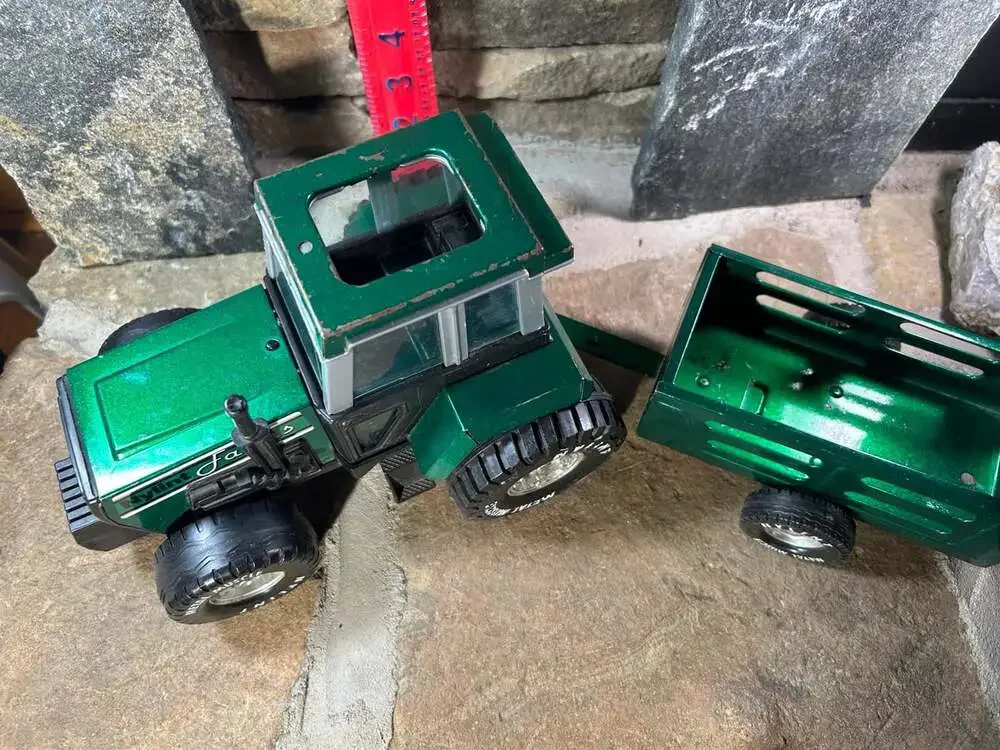 Vintage Nylint Farms green pressed steel and plastic tractor & wagon